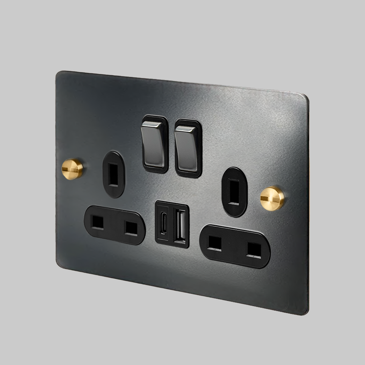 STEEL 2-GANG SWITCHED SOCKET WITH USB-A & USB-C PORTS
