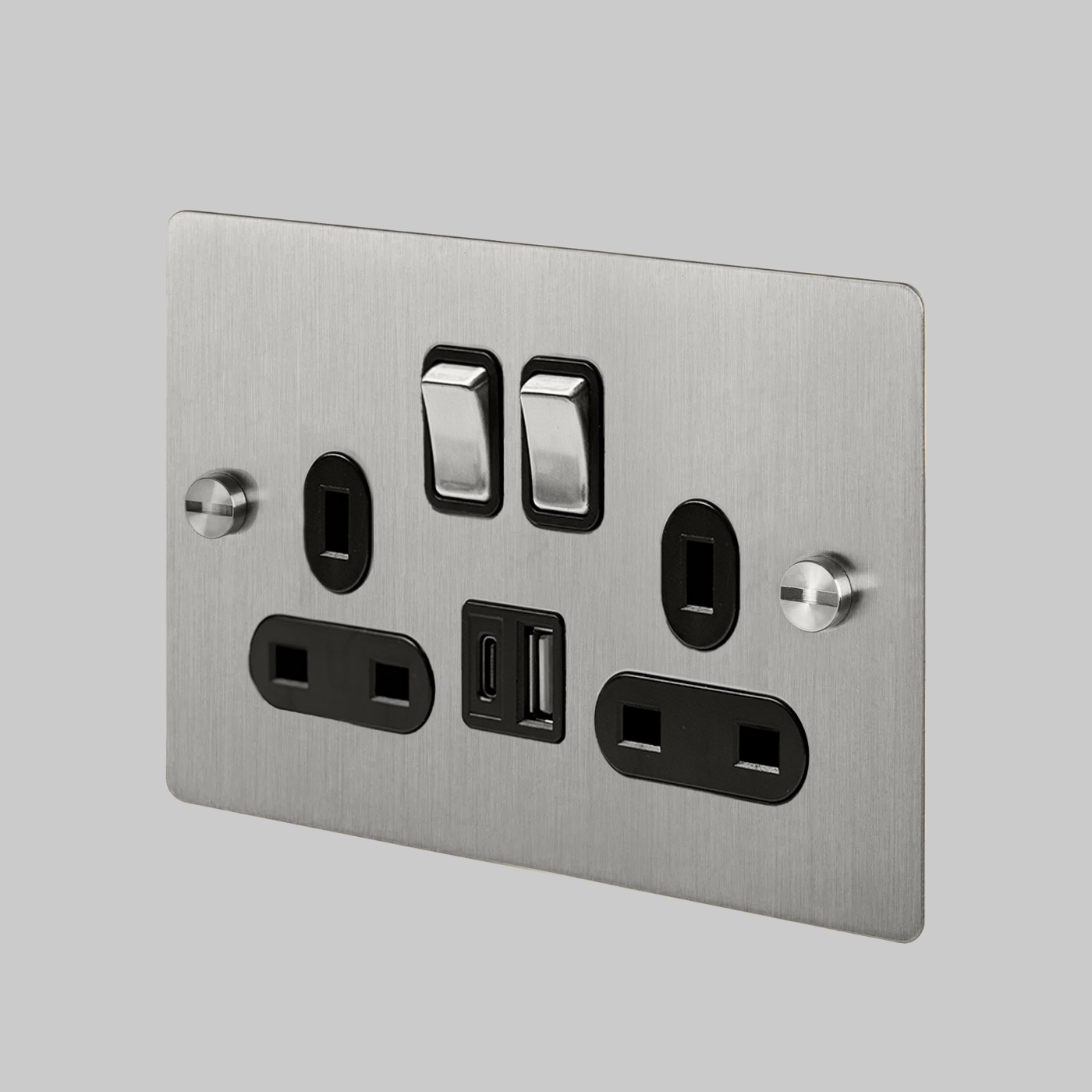 STEEL 2-GANG SWITCHED SOCKET WITH USB-A & USB-C PORTS